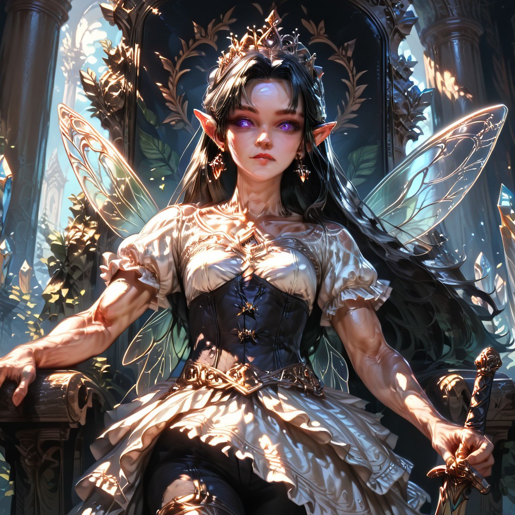 Action scene, detailed, photo realistic, hyper realistic, score_9, rating_safe, solo ((arch fey, violet eyes, (beautiful woman, white underbust corset, skirt, pants, sword belt, and holding a sword), ((huge muscles, small petite breasts, muscular thighs)), ((bronze metallic gold skin ral-polishedsteel)), (fairy wings), (long black hair))), (standing next to a multicolored crystal throne, in a detailed throne room filled with treasures, detailed lighting), hi res, hi quality, 4k, concept art, digital art, realistic, detailed background, lens flare, pixel art, piratical beauty, great lighting
