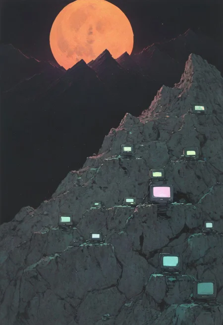 detailed colorful sketch by herg, n-eeyblch, neon-pastel Dark photo, Create a short story inspired by the photo of dystopian Himalayan Sherpas hauling a pile of old computers and electronic waste up a desolate mountain, with the vast landscape and a broken moon in the background.