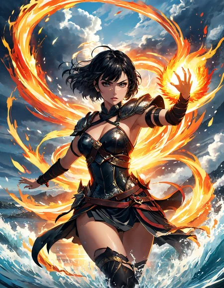 anime screencap, 
dynamic illustration of a fierce girl with short dark hair, dressed in a warrior outfit, manipulating water and fire with her hands, swirling elements around her, dramatic lighting, highly detailed clouds in the background, action-packed and intense atmosphere, 8k, high quality, artstation