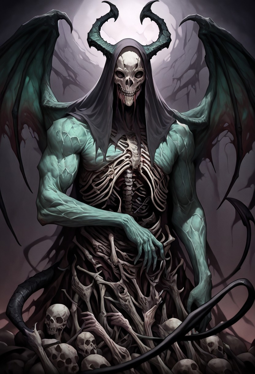 masterpiece, best quality, newest, absurdres, highres,
DFCAV1.0, realistic, 1boy, green skin, green colored skin, demon boy, demon horns, horns, demon wings, demon tail, wings, horror (theme), monster boy, skull, skull mask, bones, skeleton, veil, veiled face, mask, giant, muscular male, undead, zombie,