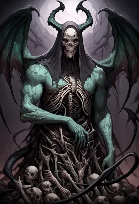 masterpiece, best quality, newest, absurdres, highres,
DFCAV1.0, realistic, 1boy, green skin, green colored skin, demon boy, demon horns, horns, demon wings, demon tail, wings, horror (theme), monster boy, skull, skull mask, bones, skeleton, veil, veiled face, mask, giant, muscular male, undead, zombie,