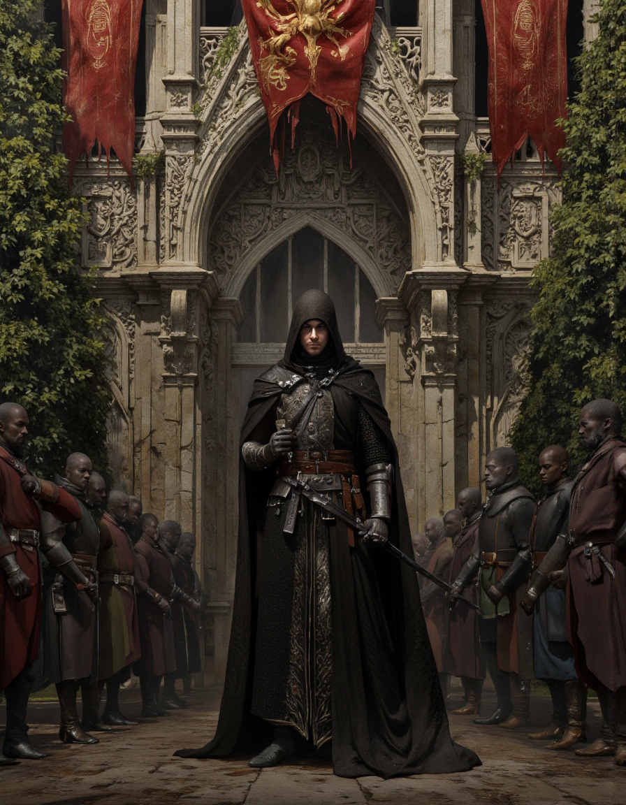 By Arthur Yuan. A photo-realistic depiction of a dark knight standing in the middle of the image, surrounded by a group of dark-skinned individuals. the knight, who appears to be in his early twenties, is wearing a long, dark cloak with intricate patterns and a hood that covers his face, and he is holding a sword in his right hand. he is standing in front of a grand, ornate building with intricate carvings and red banners hanging in the background. the building is surrounded by lush greenery, and the scene is set in an outdoor, medieval setting. the image has a dramatic, moody atmosphere, with a focus on the knight and the surrounding environment.