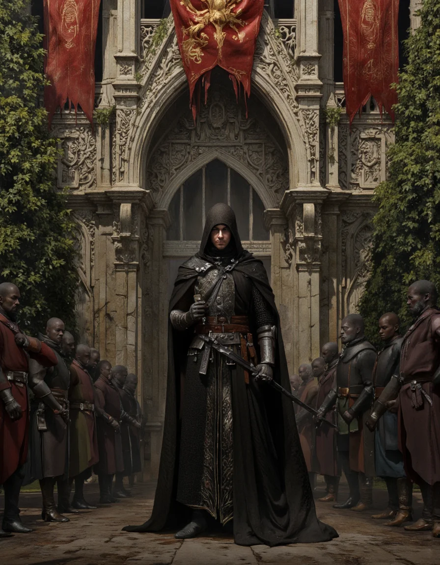 By Arthur Yuan. A photo-realistic depiction of a dark knight standing in the middle of the image, surrounded by a group of dark-skinned individuals. the knight, who appears to be in his early twenties, is wearing a long, dark cloak with intricate patterns and a hood that covers his face, and he is holding a sword in his right hand. he is standing in front of a grand, ornate building with intricate carvings and red banners hanging in the background. the building is surrounded by lush greenery, and the scene is set in an outdoor, medieval setting. the image has a dramatic, moody atmosphere, with a focus on the knight and the surrounding environment.