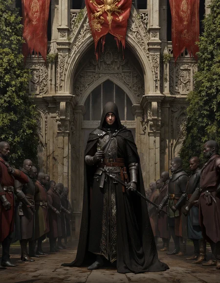 By Arthur Yuan. A photo-realistic depiction of a dark knight standing in the middle of the image, surrounded by a group of dark-skinned individuals. the knight, who appears to be in his early twenties, is wearing a long, dark cloak with intricate patterns and a hood that covers his face, and he is holding a sword in his right hand. he is standing in front of a grand, ornate building with intricate carvings and red banners hanging in the background. the building is surrounded by lush greenery, and the scene is set in an outdoor, medieval setting. the image has a dramatic, moody atmosphere, with a focus on the knight and the surrounding environment.