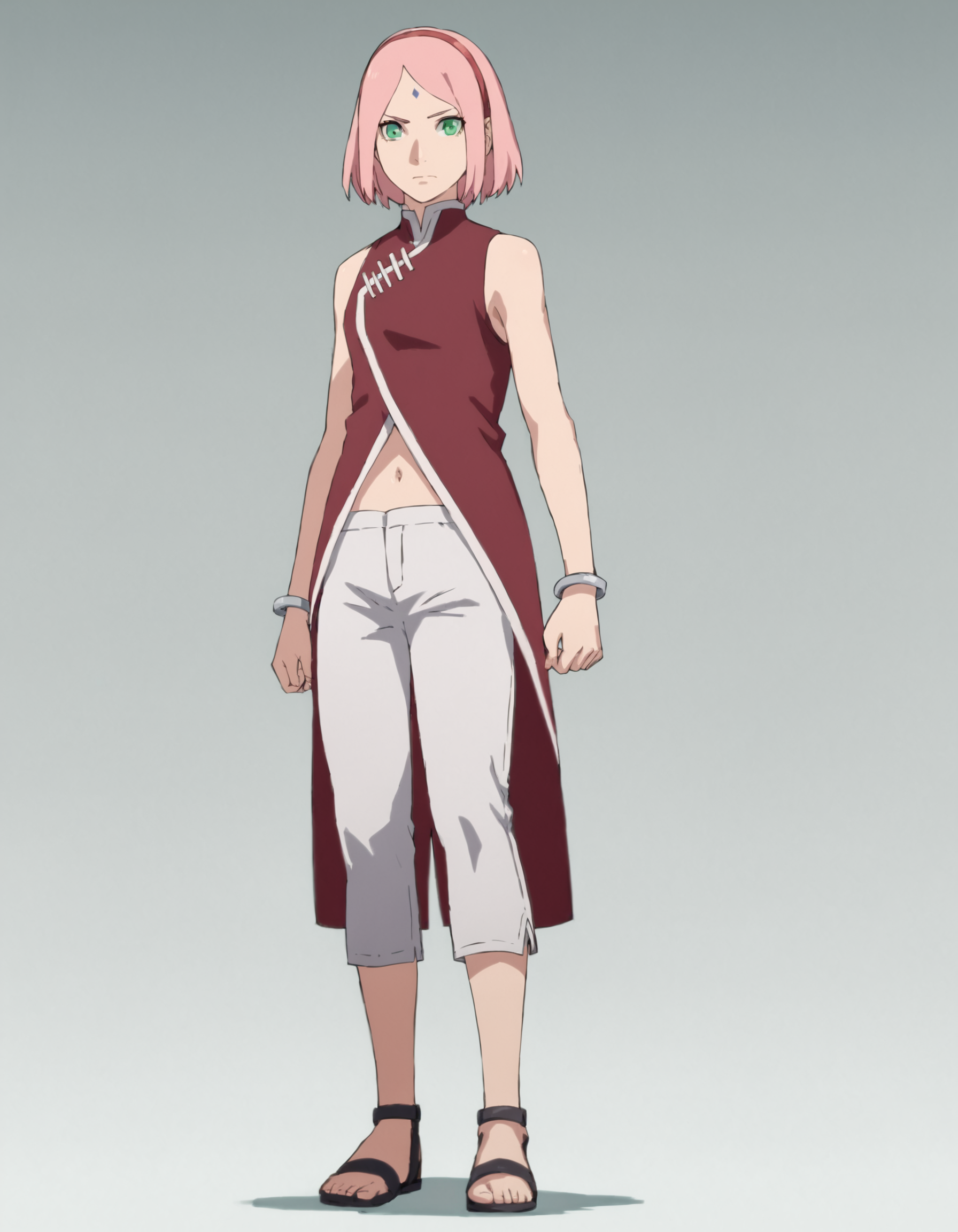 <lora:SakuraBNGPony:1> SakuraBNG, 1girl, solo, full body, forehead mark, white pants, bracelet, red vest, green eyes, navel, short hair, sleeveless, standing, closed mouth, sandals, looking at viewer, bangs, pink hair, score_9, score_8_up, score_7_up, score_6_up, score_5_up, score_4_up