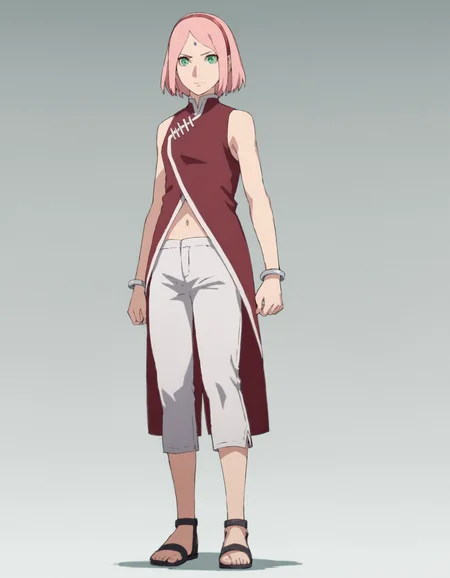 <lora:SakuraBNGPony:1> SakuraBNG, 1girl, solo, full body, forehead mark, white pants, bracelet, red vest, green eyes, navel, short hair, sleeveless, standing, closed mouth, sandals, looking at viewer, bangs, pink hair, score_9, score_8_up, score_7_up, score_6_up, score_5_up, score_4_up