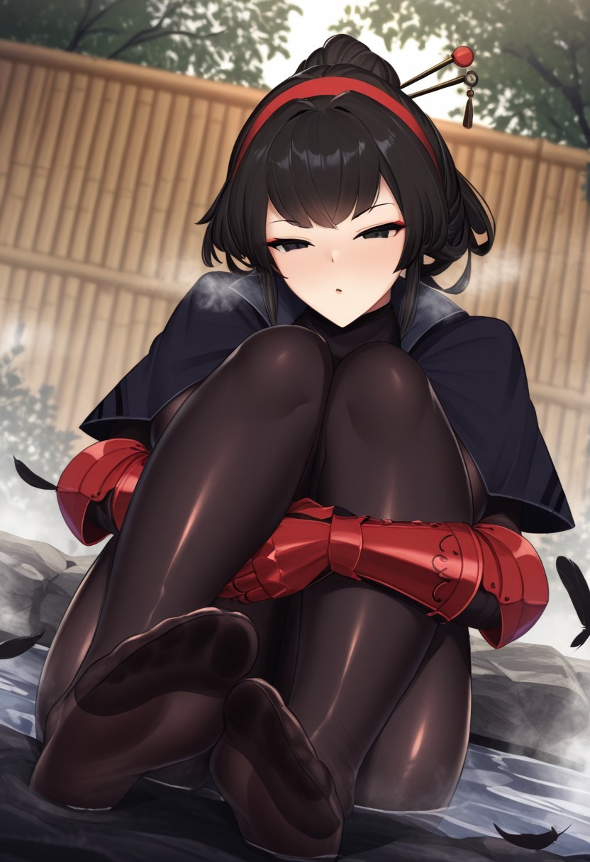 sinkai,  outdoors, undershirt, falling feathers, black bodysuit, hair stick, hugging knees, knees to chest, gauntlets, eyeshadow, red gloves, two sides up, black capelet, red hairband, black eyes, 1girl, solo, feet, visible breath, dynamic angle, foreshortening, smell, steam, onsen, water