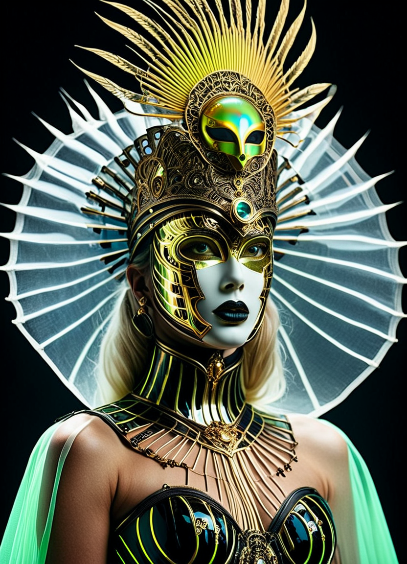hyperrealistic art breathtaking helios,psy,DARK Sci-fi rococo Style - Adorned in a mask and cape reminiscent of D'Artagnan's era, a skilled cyborg knightess resembling the girl with the pearl earrings, weathered gold and wooden armor sun-bleached, her eyes gleaming with triumph. holding a radiant translucent glowing surreal beige orbstaff, adorned with a towering neon translucente sss sedge hat veiling her face, her metallic intricacies faintly aglow in translucent dark bleaked neon,
creating a hyperpunk scene with desaturated dark rgb spectral neon and translucent black details, colorful (polaroid:0.7) with vibrant colors, (vacations, high resolution:1.3), (small, selective focus, european film:1.2), (sexual advance:1.1), closeup
 <lora:helios2:1> . award-winning, professional, highly detailed . extremely high-resolution details, photographic, realism pushed to extreme, fine texture, incredibly lifelike, Cinematic photography, movie mood, cinematic light, compelling composition, storytelling elements, conveys emotion, mood, and narrative depth, creating visually striking images that feel like still frames from a film