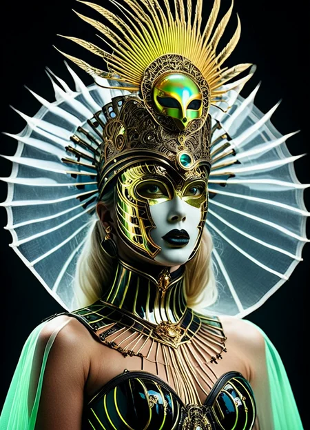 hyperrealistic art breathtaking helios,psy,DARK Sci-fi rococo Style - Adorned in a mask and cape reminiscent of D'Artagnan's era, a skilled cyborg knightess resembling the girl with the pearl earrings, weathered gold and wooden armor sun-bleached, her eyes gleaming with triumph. holding a radiant translucent glowing surreal beige orbstaff, adorned with a towering neon translucente sss sedge hat veiling her face, her metallic intricacies faintly aglow in translucent dark bleaked neon,
creating a hyperpunk scene with desaturated dark rgb spectral neon and translucent black details, colorful (polaroid:0.7) with vibrant colors, (vacations, high resolution:1.3), (small, selective focus, european film:1.2), (sexual advance:1.1), closeup
 <lora:helios2:1> . award-winning, professional, highly detailed . extremely high-resolution details, photographic, realism pushed to extreme, fine texture, incredibly lifelike, Cinematic photography, movie mood, cinematic light, compelling composition, storytelling elements, conveys emotion, mood, and narrative depth, creating visually striking images that feel like still frames from a film