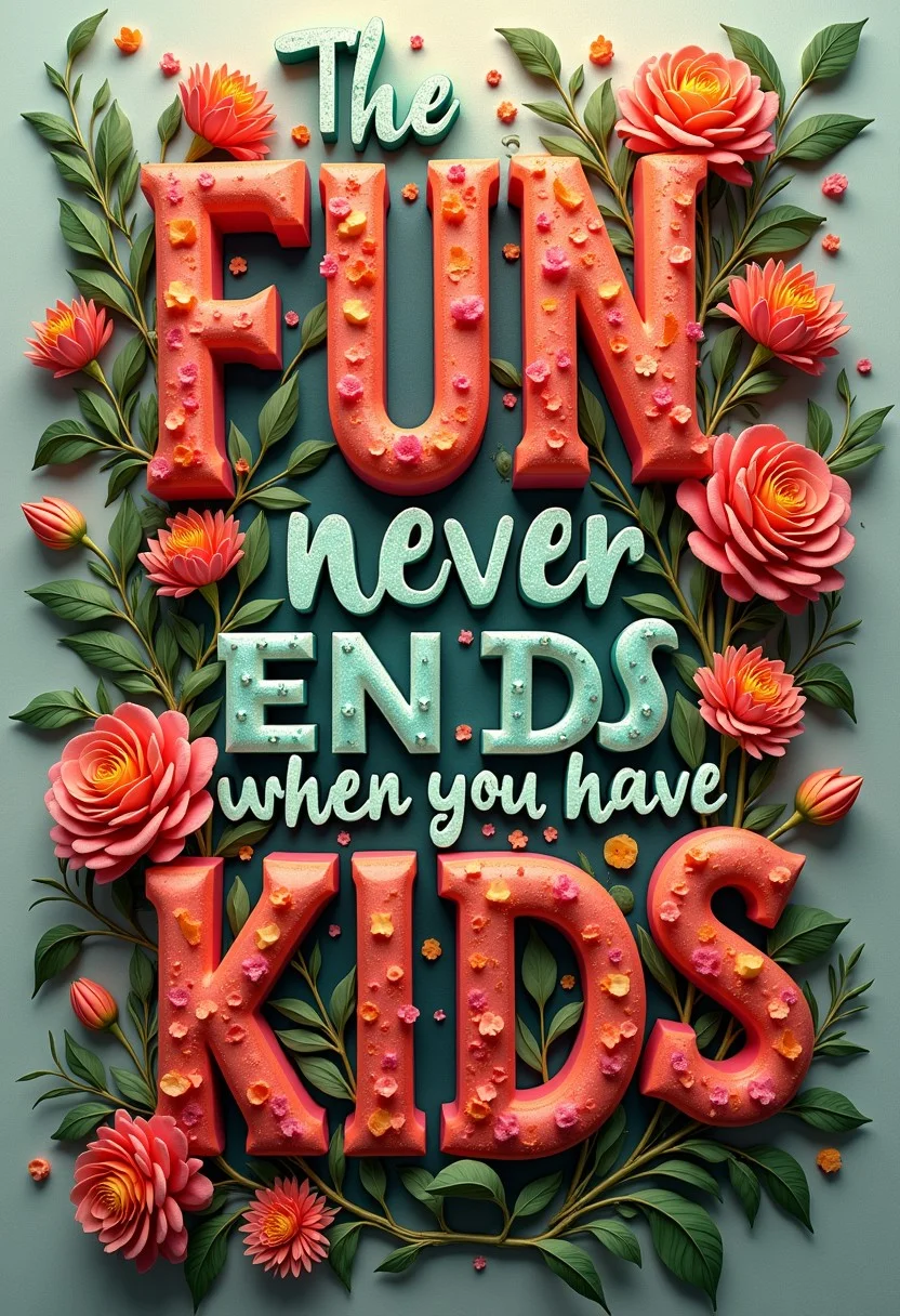 Vibrant, high-fashion photography featuring a elegant, floral-style graphic that masterfully intertwines vibrant petals art, green vines, and spiritual themes, set against a backdrop of pearlescent crystals, cityscape-inspired textures, with the phrase "The FUN never ENDS when you have KIDS" emblazoned in 3D, metallic, graffiti-style lettering, adorned with intricate, swirling patterns, with a predominantly light, vibrant color palette punctuated by flashes of bold reds and sunshine yellows, evoking a sense of feminine beauty, spiritual awakening, and empowerment.