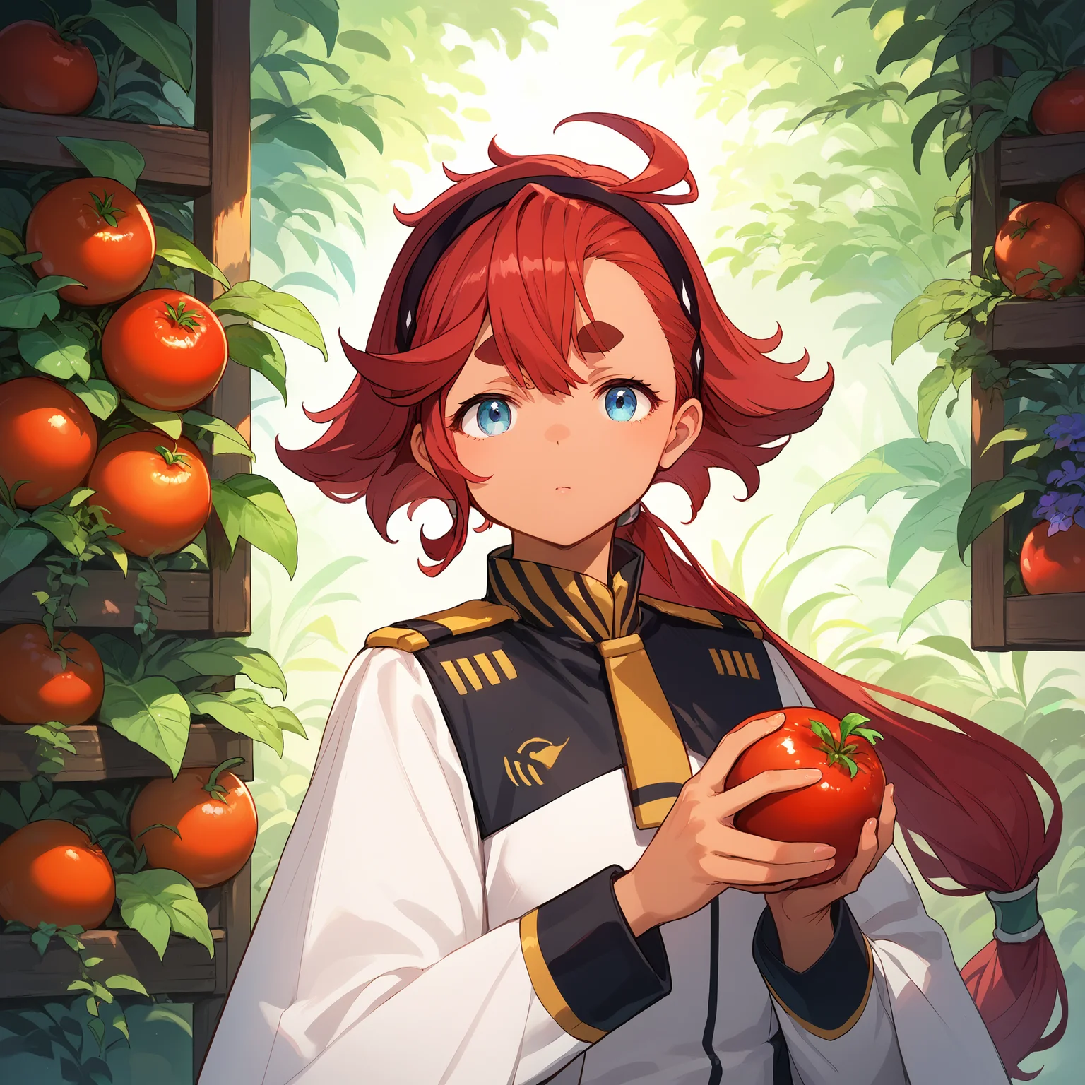 score_9, score_8_up, score_7_up, score_6_up, score_5_up, score_4_up, BREAK source_anime, look at viewer, 1girl, garden, holding, tomato, close up, masterpiece, best quality, high detailed skin, suletta mercury, asticassia school uniform, dark skin, red hair, long hair, low ponytail, black hairband, ahoge, blue eyes, thick eyebrows, white jacket, long sleeves, yellow necktie, shoulder boards, white shorts,
