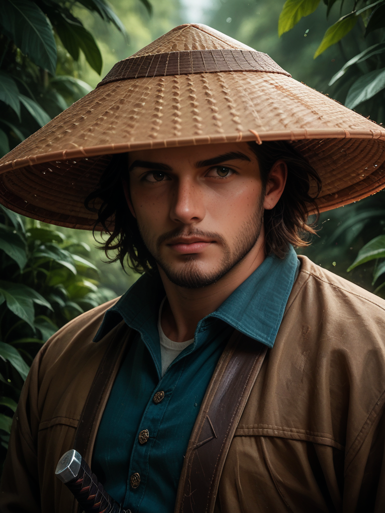 score_9, score_8_up, score_7_up, strawhat, conical hat, 1boy, male focus, solo, hat, facial hair, sword, weapon, monolid:1.5, patchy straw hat, straw hat falling apart <lora:Straw_Hat-000006:1>