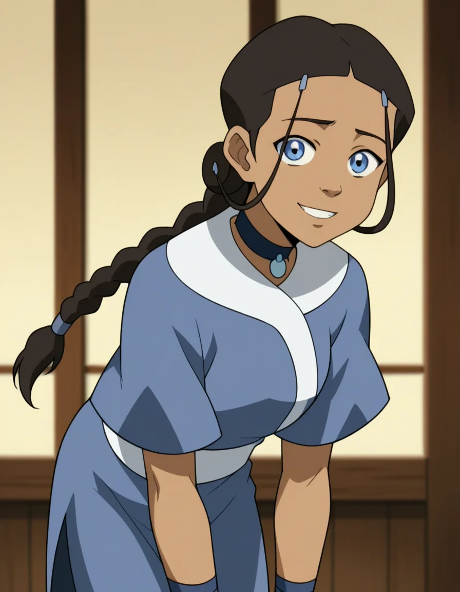 score_9, score_8_up, score_7_up, source_anime, <lora:katara-book2-ponyxl-lora-nochekaiser:1>, katara, long hair, blue eyes, brown hair, black hair, hair ornament, hairclip, braid, single braid, braided ponytail, dark skin, dark-skinned female, choker, short sleeves, robe, blue robe, sash,, indoors, bent over, smile, looking at viewer, solo, cowboy shot, dutch angle