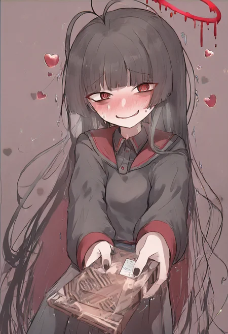 blue archive, tsurugi \(blue archive\), 1girl, @ @, antenna hair, bags under eyes, black hair, black shirt, black wings, blunt bangs, blush, box, gift, gift box, halo, heart, holding, holding box, incoming gift, looking at viewer, melting halo, nail polish, nervous smile, nervous sweating, nose blush, red eyes, red halo, school uniform, serafuku, shirt, smile, solo, sweat, sweatdrop, trembling, upper body, valentine, wings, masterpiece, best quality, good quality