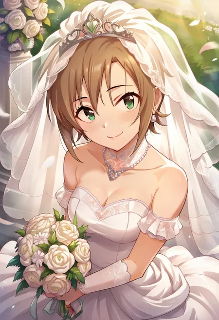 score_9, score_8_up, score_7_up, source_anime,tada riina, short hair, brown hair, green eyes, 1girl, veil, wedding dress, bridal veil, dress, solo, flower, bouquet, jewelry, smile