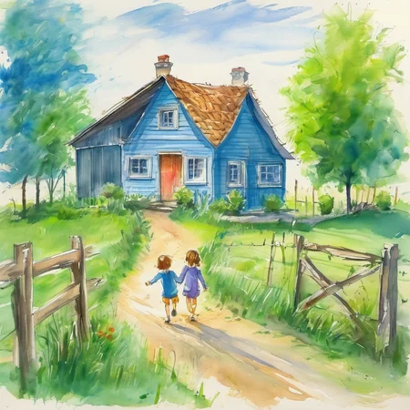 children-drawing, charming country house, blue siding, situated, side, road, surrounded, lush green grass, trees, background, creating, idyllic countryside setting, small fence, seen near, rustic charm, main house, two smaller houses visible, further down, road, one closer, left edge, scene, another towards, right, homes contribute, overall picturesque landscape, rural area<lora:Ath_children-drawing_XL:1>,