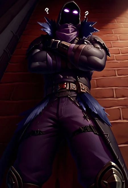 score_9, score_8_up, score_7_up, source_cartoon, solo, 1boy, fort_raven, faceless, glowing purple eyes, coat, hood, black skin, pants, boots, leaning against the wall, crossed arms, alley, low angle, muscular, thick things, ?,