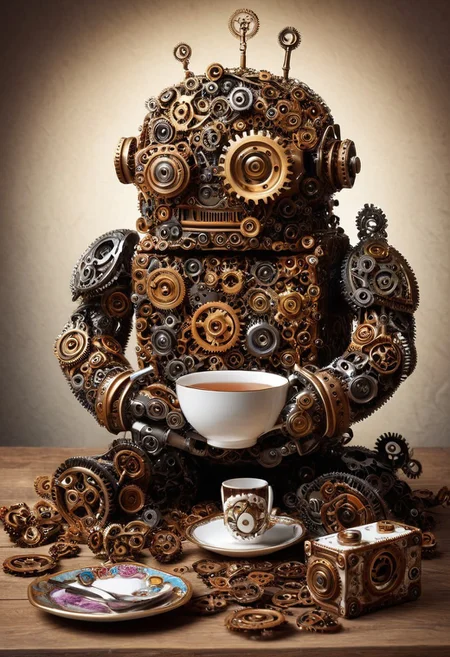 masterpiece, best quality, absurdres, cute gear robot tea party, made out of gears