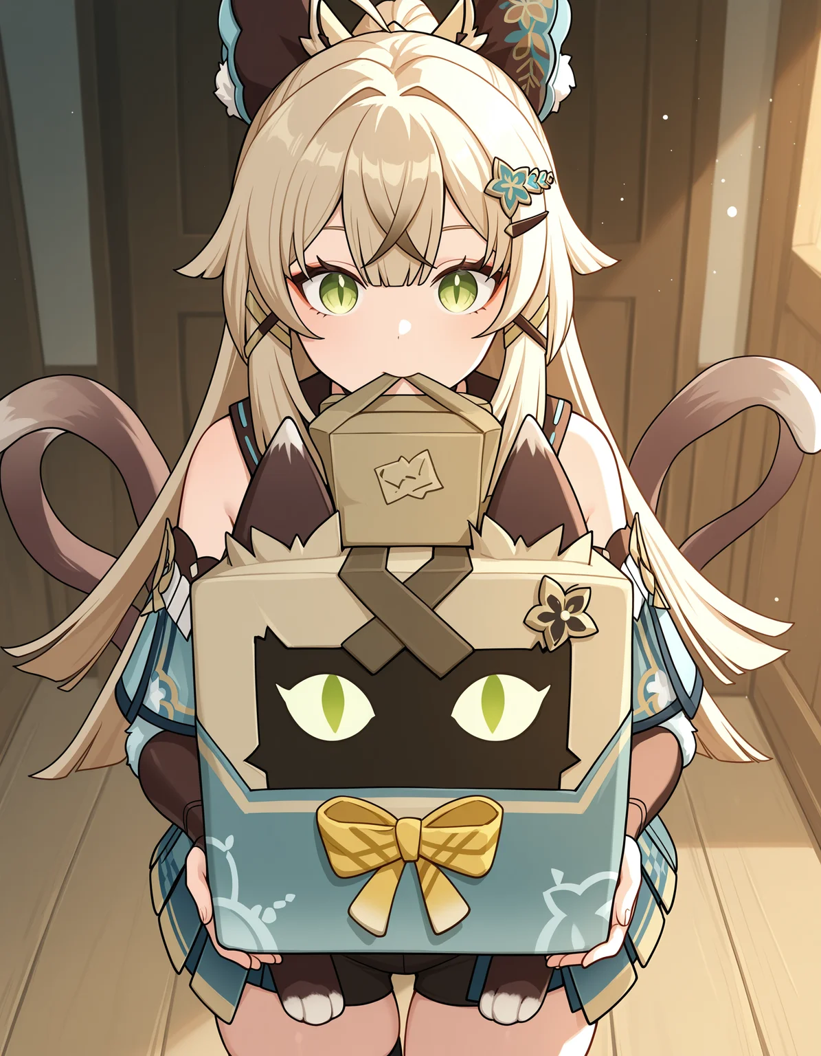 <lora:GenshinImpact_KiraraBox_V1[IL]:1>, kirarabox, holding, kirara \(genshin impact\), extra tails,, masterpiece,best quality, very aesthetic,absurdres,newest,