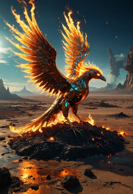 Psychedelic style ((( Phoenix Rebirth: A magnificent mechanical bird forged from molten meta-alloys that continuously cycle between solid and liquid states, capable of resurreecting fallen allies through its transformative regenerative flames. ,36. Alien spaceship crash site in a barren desert, shiny chrome elements)))Every time someone laughs too hard, their body briefly turns transparent, revealing glowing organs inside them.
(((with exaggerated expressions))) continue, Creative Shadow Play: Position your subject against strong light sources casting interesting shadows on surfaces; capture these interactions for dynamic compositions full of contrast..(dynamic:1.1),sun rays,
(Vivid, HDR, Canon50, 8K, Hyper Realistic, Dramatic, Epic, Dynamic Contrast, Cinematic Lighting, increased brightness)(((Zoomed Out, Far away Shot))) = =. Epic dynamic lighting , vibrant,highly detailed,psychedelic,((Psychedelic, rainbow glow ))
((Vivid, Epic, Dynamic contrast)) (((Zoomed out, Far away shot, In frame)), (((Cinematic, Studio lighting, Contrast)))
<lora:juggernautXL_version6Rundiffusion:0.8><lora:rundiffusionXL_beta:0.8><lora:epicrealismXL_v5Ultimate:0.8><lora:crystalClearXL_ccxl:1><lora:extremely_detailed:0.8> extremely detailed
<lora:hyperkraximalism:0.4> hyperkraximalism
<lora:QuadpipeQp_sdxlV2:0.4>
<lora:xl_more_art-full_v1:0.1>
<lora:RMSDXL_Darkness_Cinema:0.2>
<lora:glowneon_xl_v1:0.8> glowneon, glowing, sparks, lightning, - Generate images with sharp edges and fine details.
- Produce high-resolution images with no blurriness or distortions.
- Create images with clear and well-defined subjects.
- Ensure that the output images have crisp lines and distinct features.
- Generate images with vibrant colors and accurate tones.
- Avoid noise or artifacts in the generated images.
- Focus on producing clear textures and patterns in the images.
- Emphasize clarity and definition in all aspects of the generated images.
- Prioritize the sharpness and clarity of the main subjects in the images.
- Optimize the AI model to produce clear and visually appealing images., Wlop, By art germ . Vibrant colors, swirling patterns, abstract forms, surreal, trippy