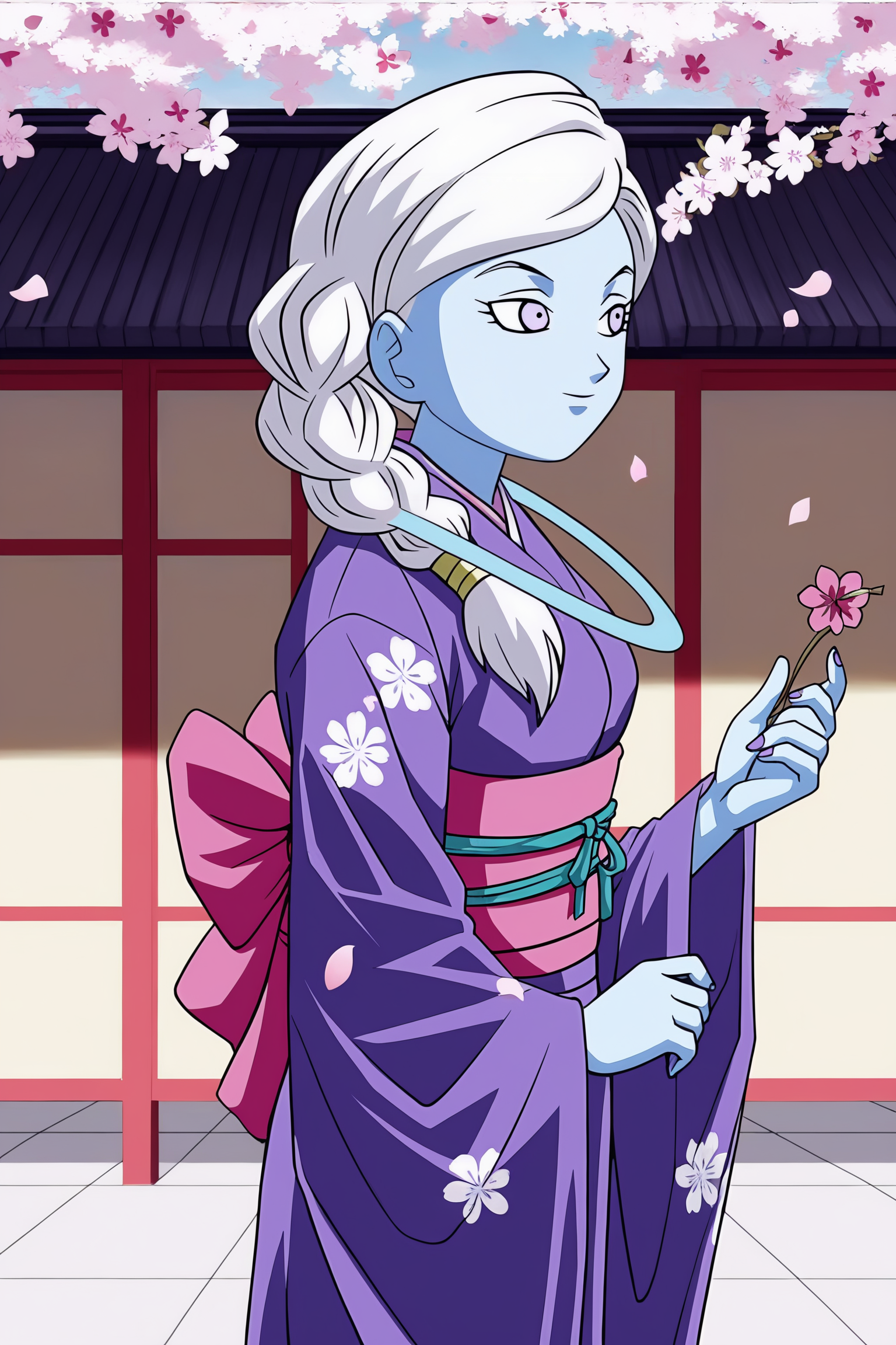 source_anime, score_9, score_8_up, score_7_up, anime screencap, absurdres,
kusu \(dragon ball\), 1girl, solo, braid, side ponytail, single braid, long hair, purple eyes, flower, white hair, japanese clothes, nail polish, sash, colored skin, obi, blue skin, purple kimono, from side, looking at another, neck ring, temple, cherry blossoms, dappled sunlight, 
 <lora:Angels_v1:0.8>