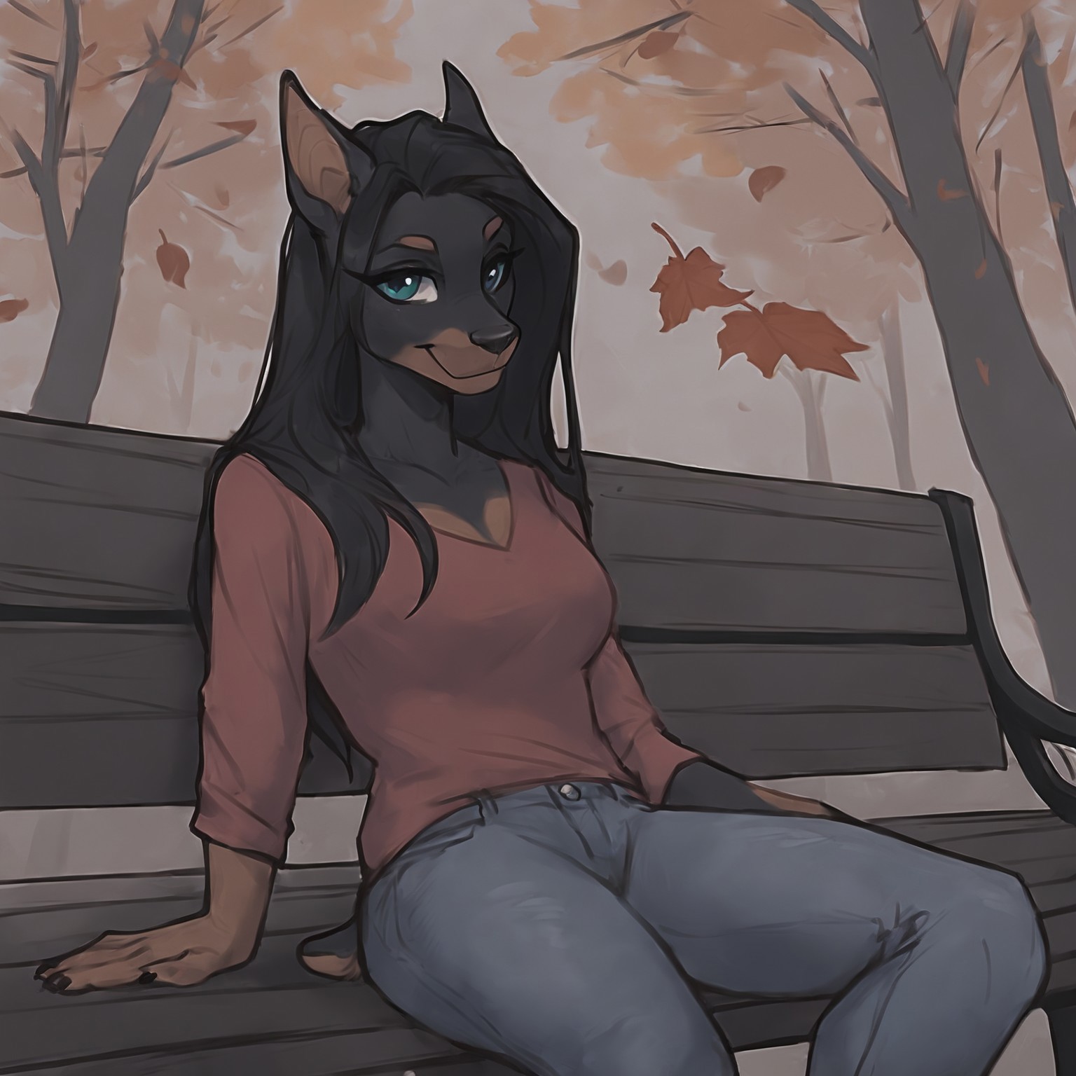 score_9, score_8_up, score_7_up, rating_safe, source_furry, anthro, dark theme, low light, furry, sketch style, werewolf, doberman, dog, feminine, long hair, jeans, red shirt, 1girl, solo, looking at viewer, sitting, on bench, bench, outdoors, forest, autumn, falling leaves <lora:NAI3 Smooth Boys Low Light Style LoRA_Pony XL v6:0.8>