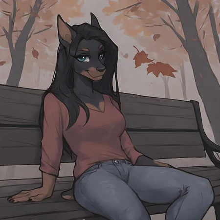score_9, score_8_up, score_7_up, rating_safe, source_furry, anthro, dark theme, low light, furry, sketch style, werewolf, doberman, dog, feminine, long hair, jeans, red shirt, 1girl, solo, looking at viewer, sitting, on bench, bench, outdoors, forest, autumn, falling leaves <lora:NAI3 Smooth Boys Low Light Style LoRA_Pony XL v6:0.8>