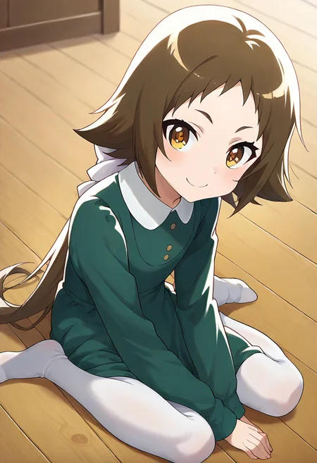score_9, score_8_up, score_7_up, source_anime, masterpiece, 1girl, ct_mashir0, hair bow, green dress, white pantyhose, long sleeves, indoors, sitting, wooden floor, looking at viewer, smile, <lora:Mashiro_Mitsumine_pony_ct_ver2:0.9>