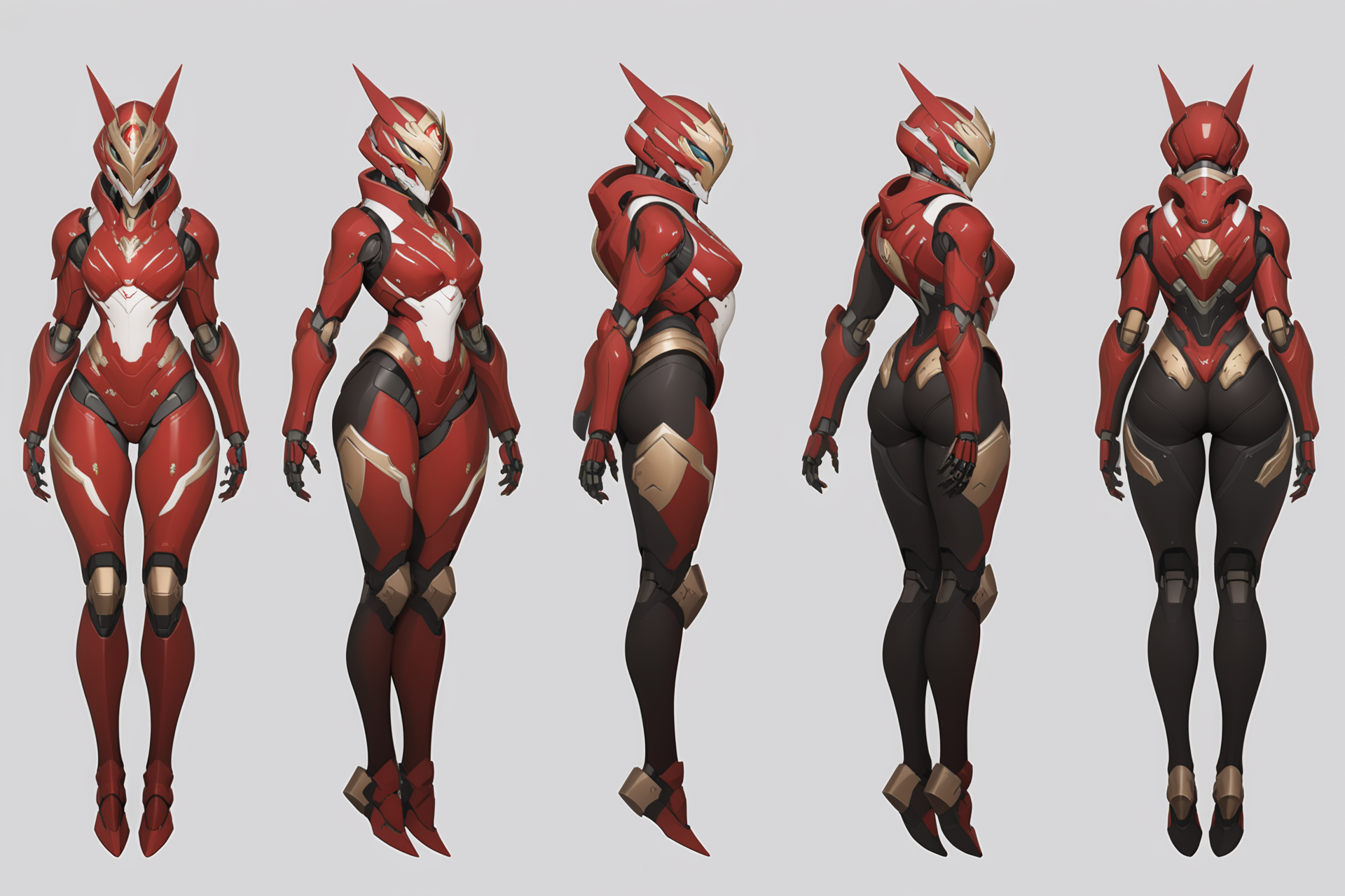 (GENERAL:0), mecha, robot, masterpiece, best quality, very aesthetic, absurdres, solo, standing,
(VIEWS:0),  full body character turnaround of mecha,
Multiple views of the same mecha,  (simple background, white background:1.2), multiple views, side view, back view, front view, 
,
mask, helmet,
Pig\(animals\)ï¼
warframe,
plate armor, power suit, alien,
android, cybersuit, upper armor, mechanical arms, machinery, prosthesis,
(bodyshape:0), Long-limbed body,
(clothing:0), (korean girl style/dayilylook2:0.6), 
(red  
holy  theme character design:1.1),
 <lora:MechTurnXLRemix_v1:.75>
 <lora:MechTurnXL_v1:.25>
<lora:ClothTurnXLRemix_v1-000004:.25>
 <lora:ClothTurnXL_v1-000004:0.25> 
<lora:CharTurnXL_v2:0.25>
 <lora:xl_more_art-full_v1:.25>,
 <lora:Alphonse Mucha Style:.1>, Alphonse Mucha Style page
 <lora:å½é£æç»SDXL:.1>
