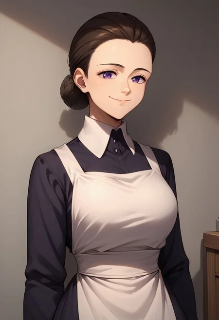 score_9, score_8_up, score_7_up, source_anime, highly detailed,
isabella, 1woman, solo, apron, purple eyes, single hair bun,hair bun, looking at viewer, smile, closed mouth, maid, brown hair, long sleeves, dress, white apron,
maid apron, upper body,