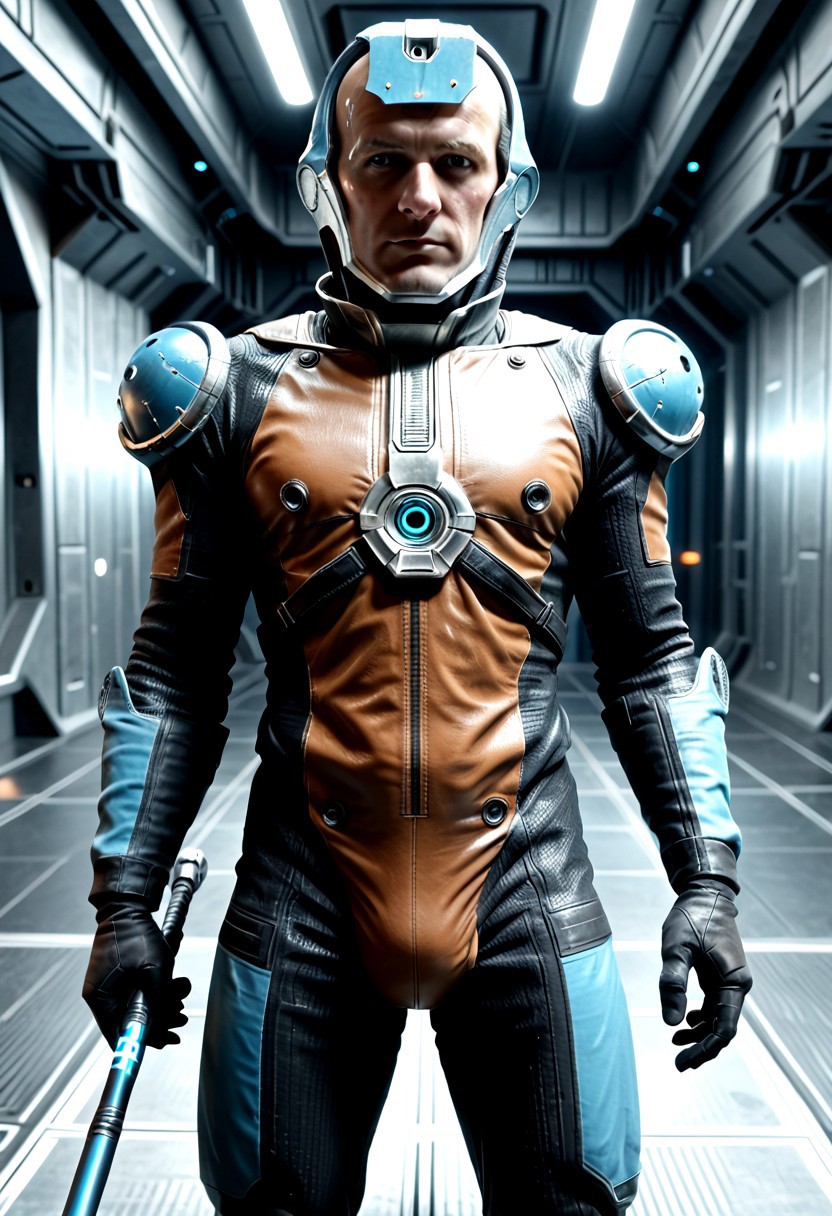Corpus crewman in a spaceship corridor, science fiction,  dramatic shot, male focus, 1boy, male corpus crewman wearing corpus crewman helmet,  robot, rectangular helmet, blue light bar on helmet, brown and black corpus crewman suit, (helmet with hard edges, helmet with a flat front face, helmet with hard corners, helmet with blue light strip), black shoulder pad, tubes from metal chest plate, black gloves with silver palms, blue circle near hips,  metal bands below fore arm, fit, athletic build, square patch on thigh, holding electric baton,
realistic texture, realism, best quality, 
Corpus, corpus crewman, Tan and black corpus suit, corpus tileset,    Corpus helmet, wearing helmet, wearing corpus helmet, moa in the background, two legged robot in the background,
