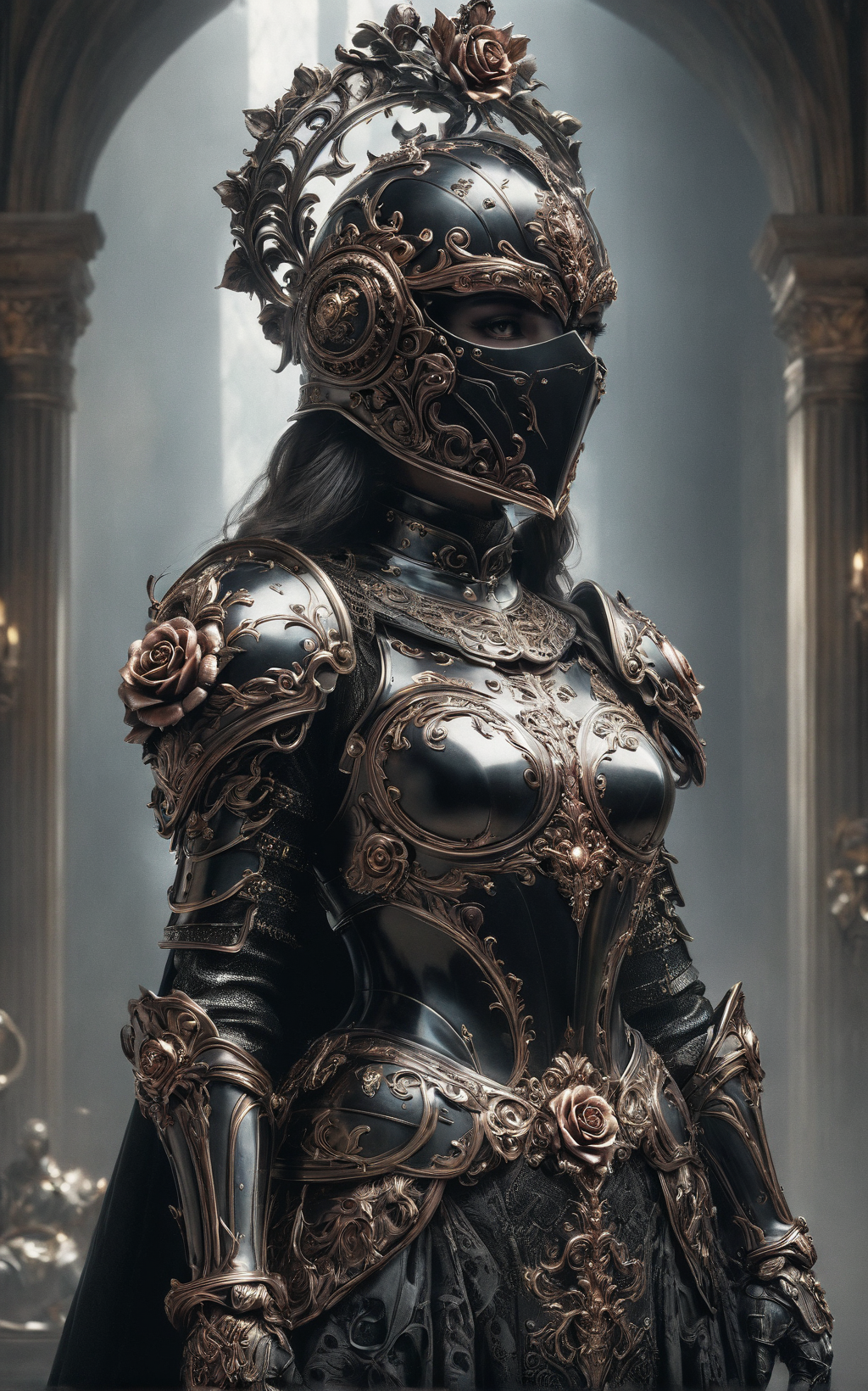   ral-18thlxry,Amidst the opulent court of a queen, one knight stands out. Clad in blackened plate armor, polished to a mirror sheen, she is known as the Iron Rose, the queen's most trusted protector. Her helmet, adorned with a single, exquisite rose crafted from iron, never leaves her side, a symbol of her unwavering loyalty and the iron will that lies beneath her stoic exterior.,black face shield