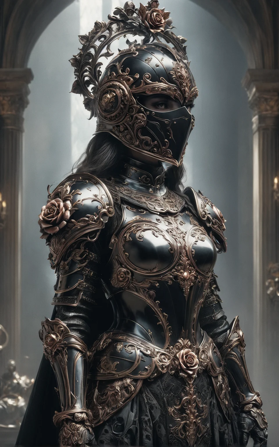 ral-18thlxry,Amidst the opulent court of a queen, one knight stands out. Clad in blackened plate armor, polished to a mirror sheen, she is known as the Iron Rose, the queen's most trusted protector. Her helmet, adorned with a single, exquisite rose crafted from iron, never leaves her side, a symbol of her unwavering loyalty and the iron will that lies beneath her stoic exterior.,black face shield