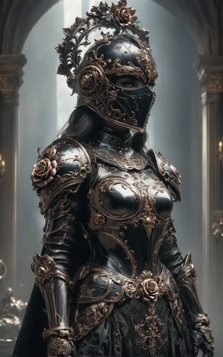 ral-18thlxry,Amidst the opulent court of a queen, one knight stands out. Clad in blackened plate armor, polished to a mirror sheen, she is known as the Iron Rose, the queen's most trusted protector. Her helmet, adorned with a single, exquisite rose crafted from iron, never leaves her side, a symbol of her unwavering loyalty and the iron will that lies beneath her stoic exterior.,black face shield