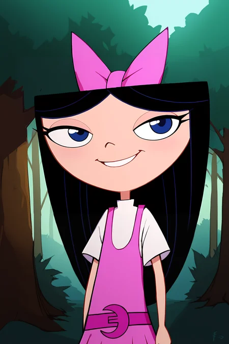 score_9, score_8_up, score_7_up, score_6_up, BREAK, IsabellaPFPXL, shortstack, blue eyes, black hair, long hair, hair bow, pink bow, flat chest, white shirt, pink dress, solo, front view, (portrait, upper body), solo focus, seductive smile, looking at viewer, forest, tree <lora:IsabellaPFPXL:1>
