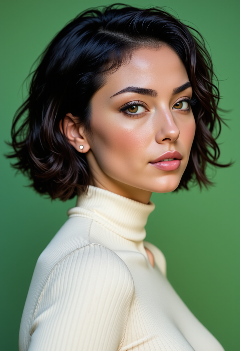 Headshots,masterpiece, a beautiful woman,Hyperrealistic, she is smiling, dynamic angles, multiple angles, photoshoot poses; A photo of Dark hair female  2a, a woman with short hair, she has massive breasts, a beautiful girl,she is wearing a white turtleneck sweater.she has massive breasts, she has piercing eyes. a dynamic pose and a sense of action. simple green background, and the lighting is soft, creating a dramatic effect, creating a focused and dynamic pose.; the scene is set in a beautiful well-lit environment, with a sense of action and adventure. Style: realistic hyper-detailed rendering, 32k UHD, expressive eyes, punk, graphic design, girl's face, pretty and cute, gleaming lips, telling a tale of adventure. Exuding confidence and serenity. The overall mood of the image is happy and relaxed, detailed skin texture,(blush:0.2),(goosebumps:0.3), subsurface scattering,with a playful and whimsical tone,perfect hand, hand, detailed hand,niji style,retro50s_style,
