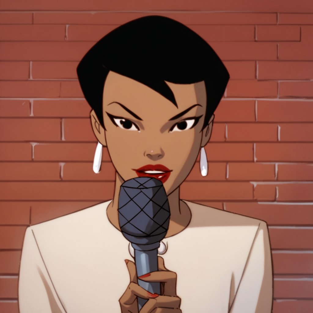score_9, score_8_up, score_7_up, 1girl, solo, lipstick, black hair, short hair, black eyes, dark skin, cream jacket, earrings, Angela Chen (dc), looking at viewer, microphone, face focus, pov