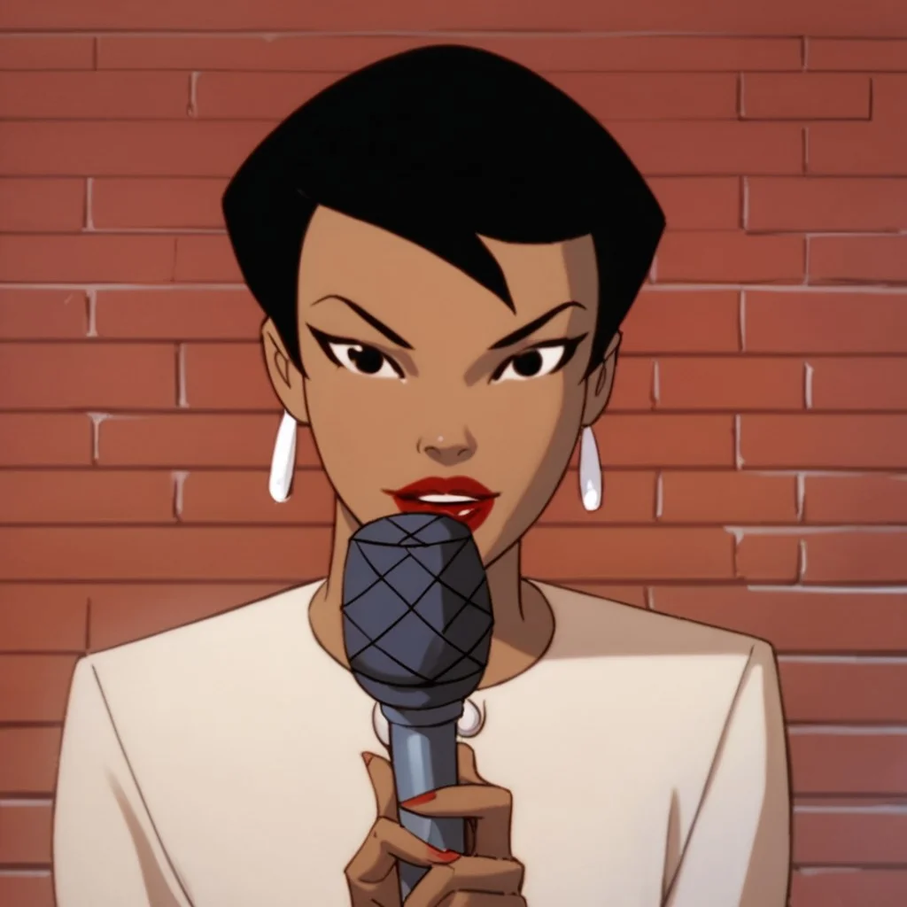 score_9, score_8_up, score_7_up, 1girl, solo, lipstick, black hair, short hair, black eyes, dark skin, cream jacket, earrings, Angela Chen (dc), looking at viewer, microphone, face focus, pov