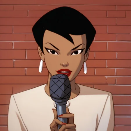 score_9, score_8_up, score_7_up, 1girl, solo, lipstick, black hair, short hair, black eyes, dark skin, cream jacket, earrings, Angela Chen (dc), looking at viewer, microphone, face focus, pov