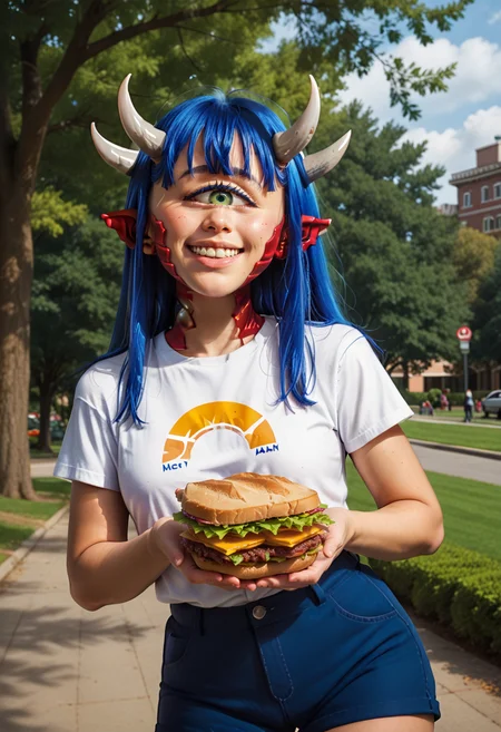 1girl, woman, Caco-chan, solo, horns, green eye, cyclops, ears, blue hair, ( holding sandwich long bread:0.9), looking at viewer, blue shorts, (orange hoody:1.1), smile, middle breasts, park on background, <lora:Caco-chanPonyV6:1>, score_9, score_8_up, score_7_up,