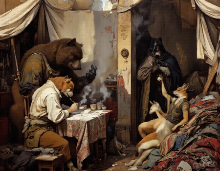 <lora:funnys:1>, This is a high-resolution, ultra-realistic CGI-rendered illustration reimagining Ilya Repin's masterpiece "The Zaporozhian Cossacks Write a Letter to the Turkish Sultan" with anthropomorphic animal characters. Every detail is rendered with meticulous precision, capturing lifelike textures and lighting that blur the line between reality and artistry. The scene features four distinct anthropomorphic animals—a bear, a hare, a fox, and a wolf—each portrayed with anatomically accurate proportions, realistic fur, and expressive human-like gestures.,
At the heart of the composition sits the towering bear, his immense frame draped in a tunic made of coarse, handwoven fabric. His thick fur, rendered with photorealistic detail, shows individual strands catching the sunlight streaming through gaps in the tent roof. Each hair glistens subtly, creating a tactile sense of depth and realism. His weathered face conveys intense emotion as he dictates the letter, his deep-set eyes gleaming with fiery determination while his broad paws gesture emphatically. A faint scar runs along his left cheek, adding to his rugged appearance.,
To his right, the fox perches on a wooden stool, her lithe form poised with practiced elegance. Her sleek orange fur shimmers under the soft golden light, each strand meticulously textured to reflect her movements. She holds a quill pen delicately yet confidently in her slender fingers, pausing occasionally to glance up at the bear with a sly smile before returning to the parchment. Her sharp amber eyes glint with mischief as she adds exaggerated insults to the letter, her whiskers twitching with restrained laughter.,
Nearby, lounging on a pile of intricately patterned woven rugs, is the hare. His lean body reclines against a stack of cushions, his long ears drooping slightly from the warmth of the room. His soft gray fur has been rendered with hyperrealistic precision, showing subtle variations in tone and texture where it catches the light. Dressed in a patched vest and loose trousers, his relaxed posture contrasts humorously with the animated energy around him. In one paw, he cradles a ceramic mug filled with steaming tea, its surface reflecting tiny ripples as he raises it in mock celebration of their defiance.,
Standing at the edge of the group, leaning casually against a wooden support beam, is the wolf. His imposing figure commands attention despite his reserved stance. His dense gray fur is marked with faint scars and dirt smudges, evidence of battles fought and hardships endured. His piercing blue eyes scan the scene with quiet vigilance, betraying a hint of amusement when the others grow particularly boisterous. His cloak, woven from coarse wool, drapes naturally over his shoulders, with every fold and crease rendered in stunning detail.,
The setting is brought to life with breathtaking realism: the makeshift tent is constructed from weathered canvas, its fibers frayed and stained with age. Sunlight filters through cracks in the roof, casting dynamic shafts of light across the scene and highlighting dust particles suspended in the air. Rough-hewn wooden furniture fills the space—benches, stools, and tables carved with visible tool marks—and colorful woven rugs cover the earthen floor, their intricate patterns rendered with photographic clarity. Weapons hang from pegs on the walls, including sabers and muskets, their metallic surfaces reflecting soft highlights.,
On the central table lies the half-written letter, its parchment illuminated by the natural light. Ink stains dot the edges of the paper, and scattered inkpots and quills sit nearby, some tipped over from the chaos of writing. Empty mugs and plates litter the area, remnants of a recent meal shared among comrades. Above the bustling scene hangs a faded banner bearing the inscription: "Freedom cannot be tamed.",
Every element of this ultra-realistic depiction—from the delicate reflections on the ceramic mugs to the fine hairs of the animals’ fur—is crafted with extraordinary attention to detail. The result is an immersive visual experience that captures not only the humor and camaraderie of the original painting but also elevates it into a world where these anthropomorphic characters feel alive, tangible, and utterly convincing.