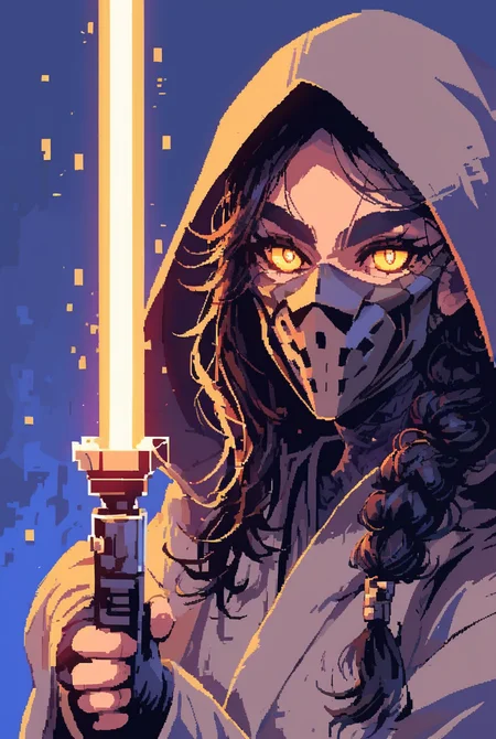 7-SWAnimated, 1girl holding energy sword, solo, looking at viewer, yellow eyes, simple background, black hair, long hair, braid, hood, mask, blue background, thick eyebrows, medium close up, bright pupils, hood up, mouth mask,golden lightsaber, castle in background
[reflections, dark lighting, hyper realistic, 4k, hd, high fantasy, concept art, woof, pixel art]
<lora:Star Wars Animated v1.0:0.8>  <lora:d3p1x3lXLP:1>