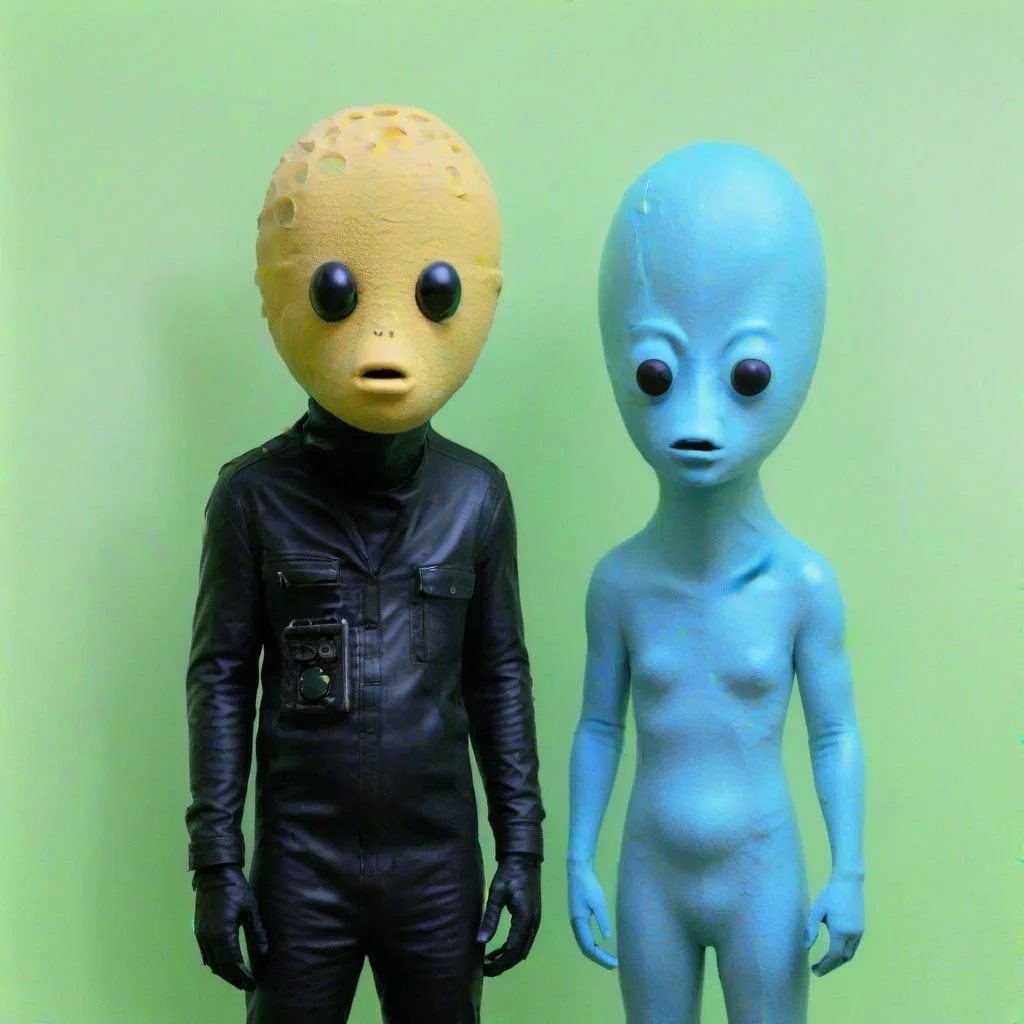 a xenomorph standing next to a teletubby