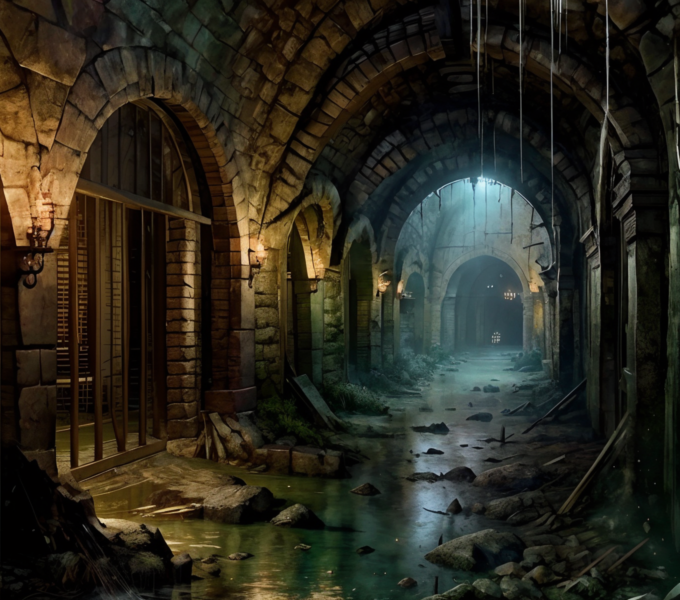RAW photo, (masterpiece:1.3), subsurface scattering, heavy shadow, (high quality:1.4), (intricate, high detail:1.2), professional photography, HDR, High Dynamic Range, realistic, ultra realistic, photorealistic, high resolution, film photography, ambient lighting, atmospheric effects, <lora:detail_slider_v4:2>, OverallDetail, dark, medieval, fantasy, sewer, water, skeletons, greenish lights, <lora:Sewer:1>, epiCPhoto