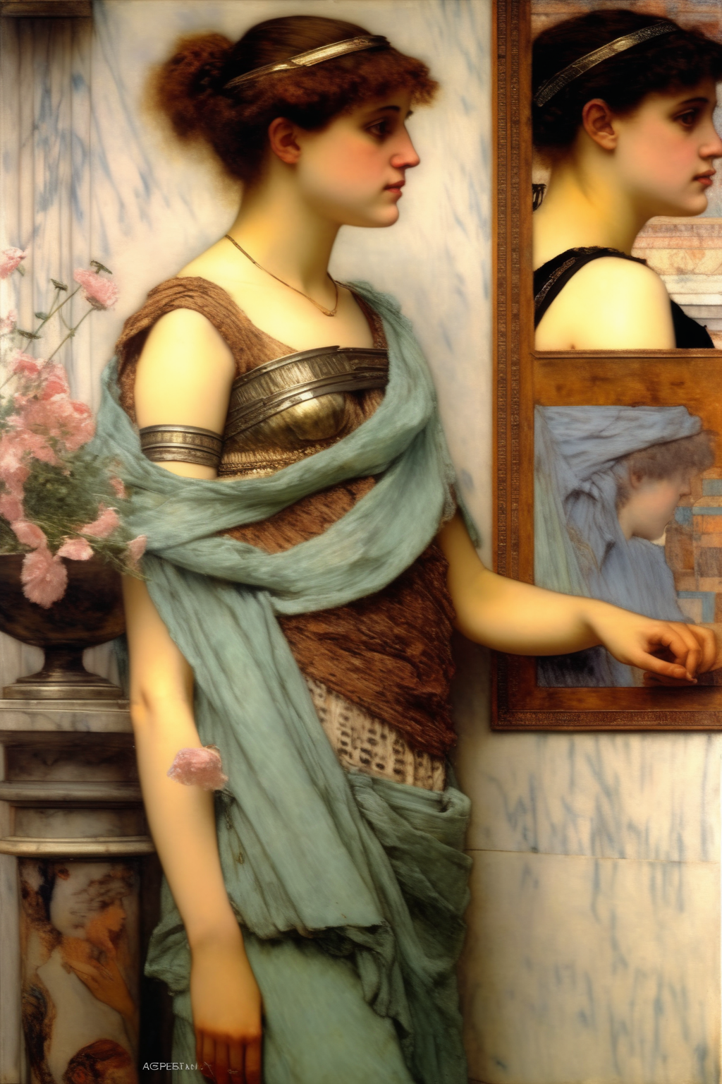 <lora:Lawrence Alma Tadema Style:1>Lawrence Alma Tadema Style - a young woman standing next to a portrait of herself painted by Lawrence Alma-Tadema