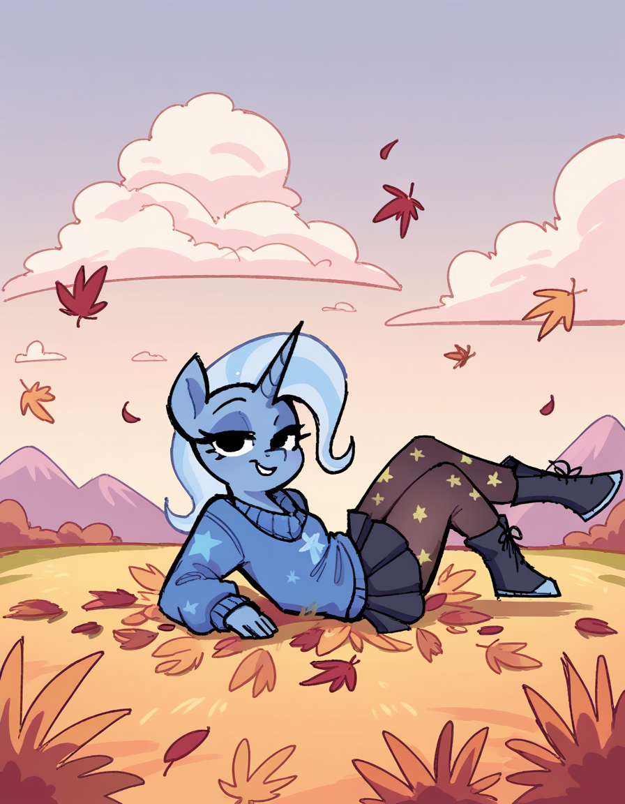 score_9, score_8_up, score_7_up, score_6_up, score_5_up, score_4_up, solo, 1girl, solo, sky, grass, cloud, falling leaves,
<lora:StickySweet_v0:0.9> stkyswt, flat color, sketch, sweater and pleated skirt set, ankle boots, patterned pantyhose, seductive smile, leaning back, looking at viewer, black eyes, source_furry, anthro pony girl, \(mlp\), cutie mark Trixie