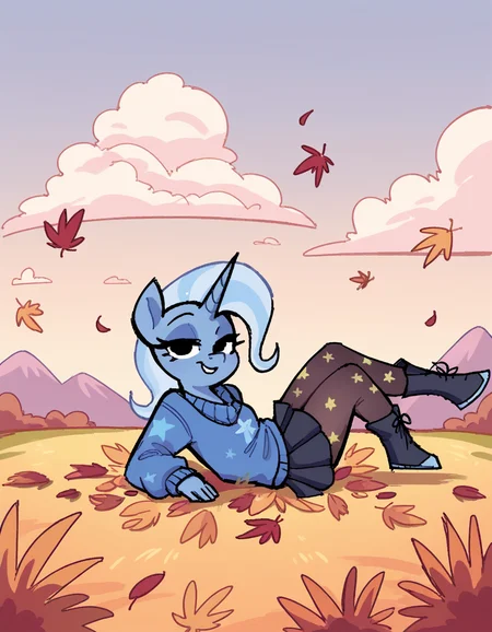 score_9, score_8_up, score_7_up, score_6_up, score_5_up, score_4_up, solo, 1girl, solo, sky, grass, cloud, falling leaves,
<lora:StickySweet_v0:0.9> stkyswt, flat color, sketch, sweater and pleated skirt set, ankle boots, patterned pantyhose, seductive smile, leaning back, looking at viewer, black eyes, source_furry, anthro pony girl, \(mlp\), cutie mark Trixie