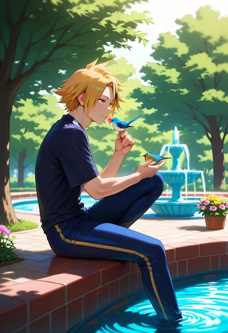masterpiece, best quality, intricate details, (realistic:0.6), , , 1boy, solo, male focus, <lora:denki_kaminari_ilxl:0.94>, denki_kaminari, blonde hair, yellow eyes, short hair, spiked hair, multicolored hair, two-tone hair, streaked hair, fountain, water, flower, sunlight, tree, bird, sitting on fountain edge, feeding birds, gentle smile,
