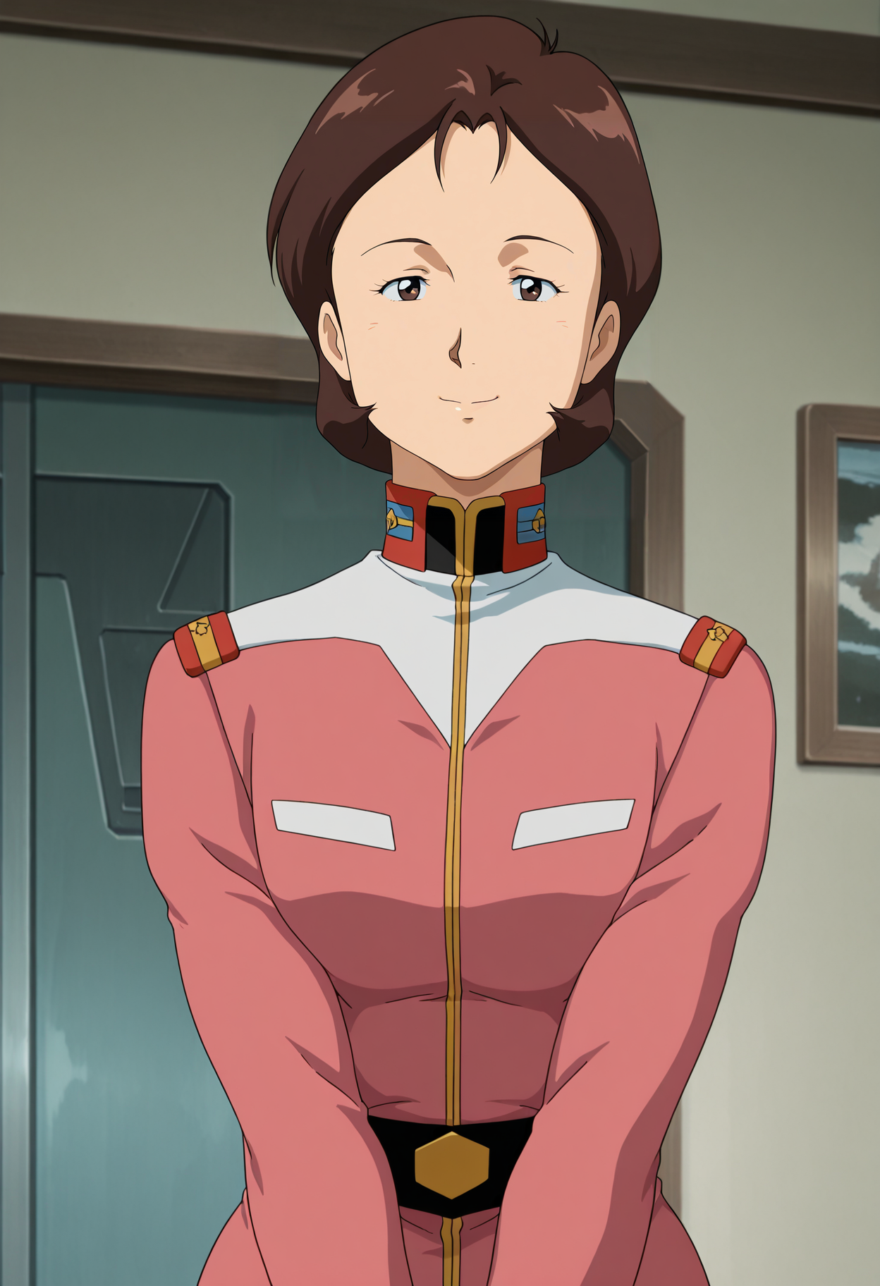 1girl,solo,mm,mature female,brown hair,short hair,retro artstyle,anime coloring,
military uniform,military,uniform,upper body, looking at viewer, smile,indoors
,masterpiece,best quality,amazing quality,<lora:Mirai_Yashima-Gundam_The_OriginCucuruz_Doans_Island:0.8>