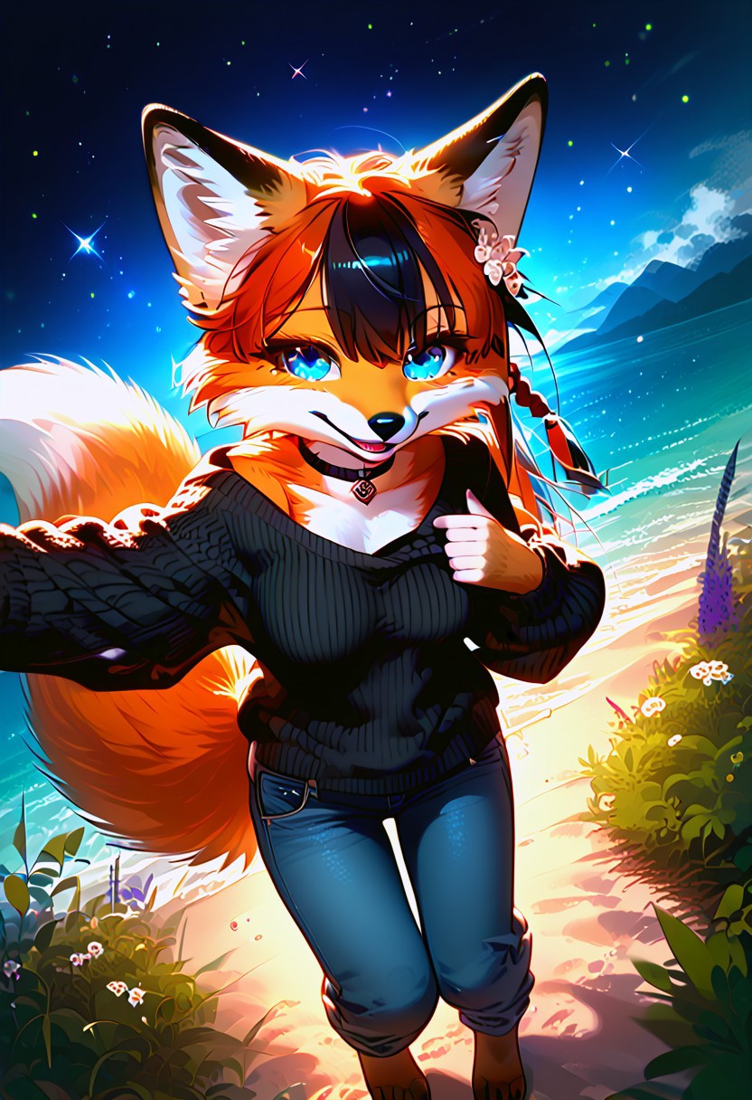score_9, score_8_up, score_7_up, braided black hair, anthro fox female,foxfolk,perfecteyes,blue eyes, one eye covered by hair, open chest, medium breasts, down blouse,black choker, black knittet sweater,over sized sweater, tights, jeans,from above, selfie, looking at viewer,dutch angle, perfect quality, high quality,  at night ,cosy athmosphere, expressiveH